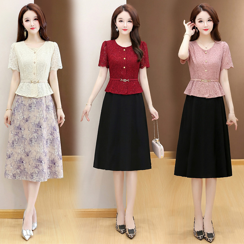 RY3486# 实拍有货 20256夏季新款大码短袖蕾丝连衣裙收腰显瘦洋气...