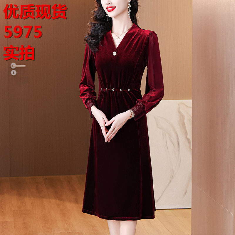 MY13976# 新款洋气高端婚宴妈妈内搭打底酒红色喜婆婆金丝绒连衣裙女裝...