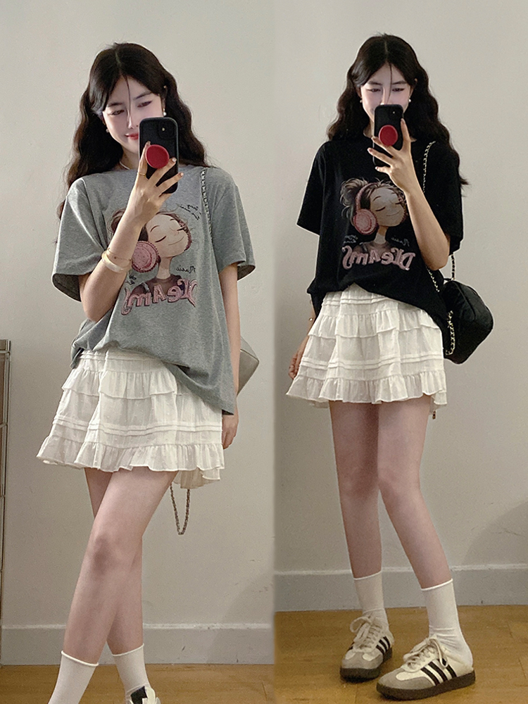 MY9677# 大码女装夏新款卡通印花蕾丝镂空短袖上衣百搭蛋糕裙两件套女裝貨源服裝批發