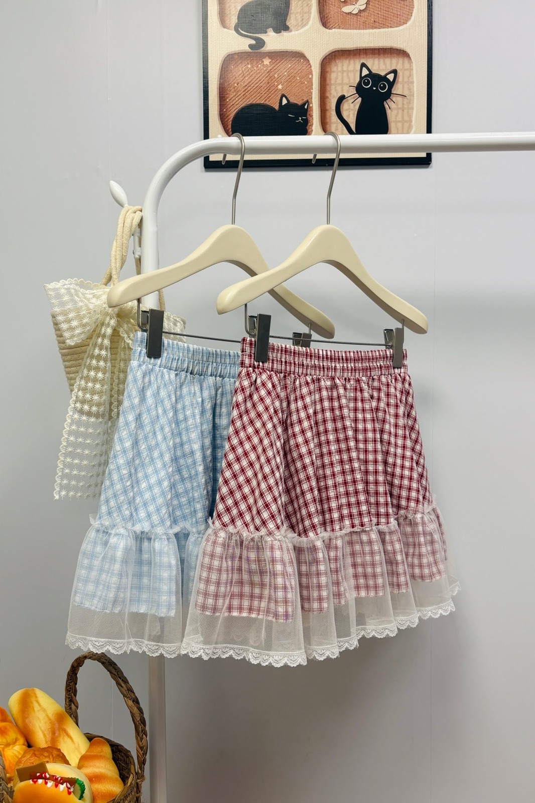 實拍夏季新款韓系少女網紗拼接格子半身裙甜美減齡芭蕾風蓬蓬短裙
