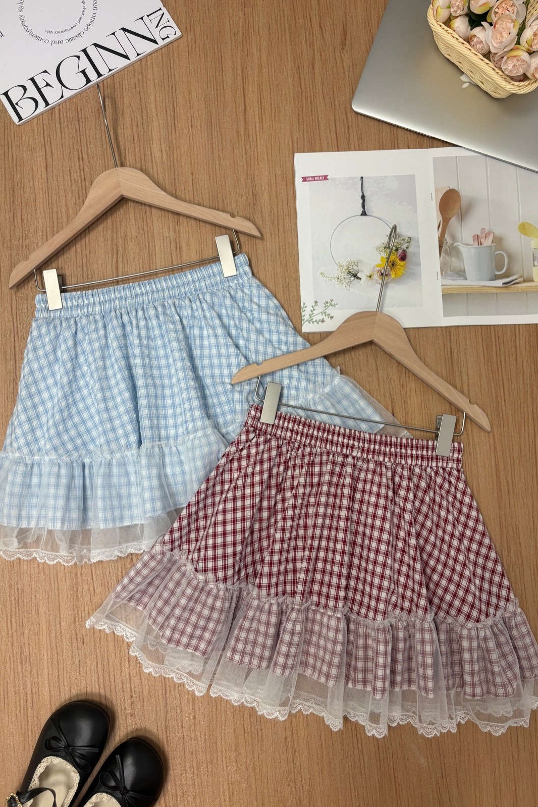 實拍夏季新款韓系少女網紗拼接格子半身裙甜美減齡芭蕾風蓬蓬短裙