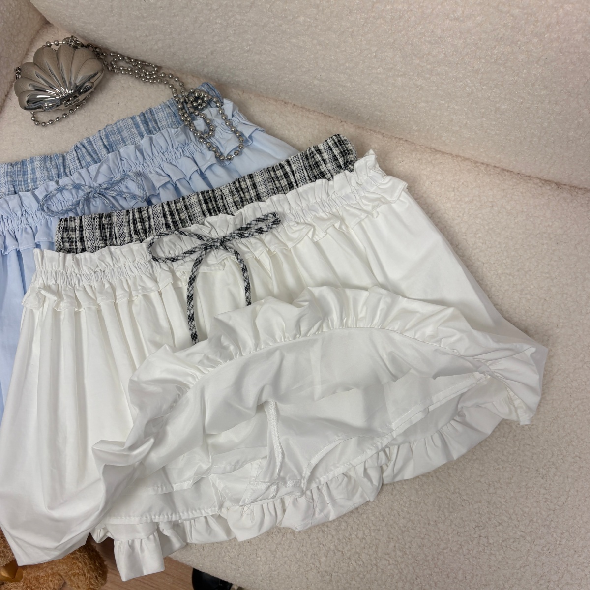 實拍夏季新款韓系少女格子拼接木耳邊高腰半身裙甜美減齡花苞短裙