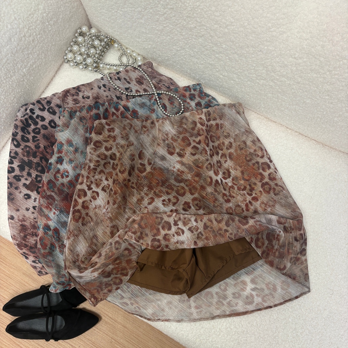 實拍 夏季新款法式復古金絲雪紡紗半身裙豹紋美學時髦a字包臀短裙