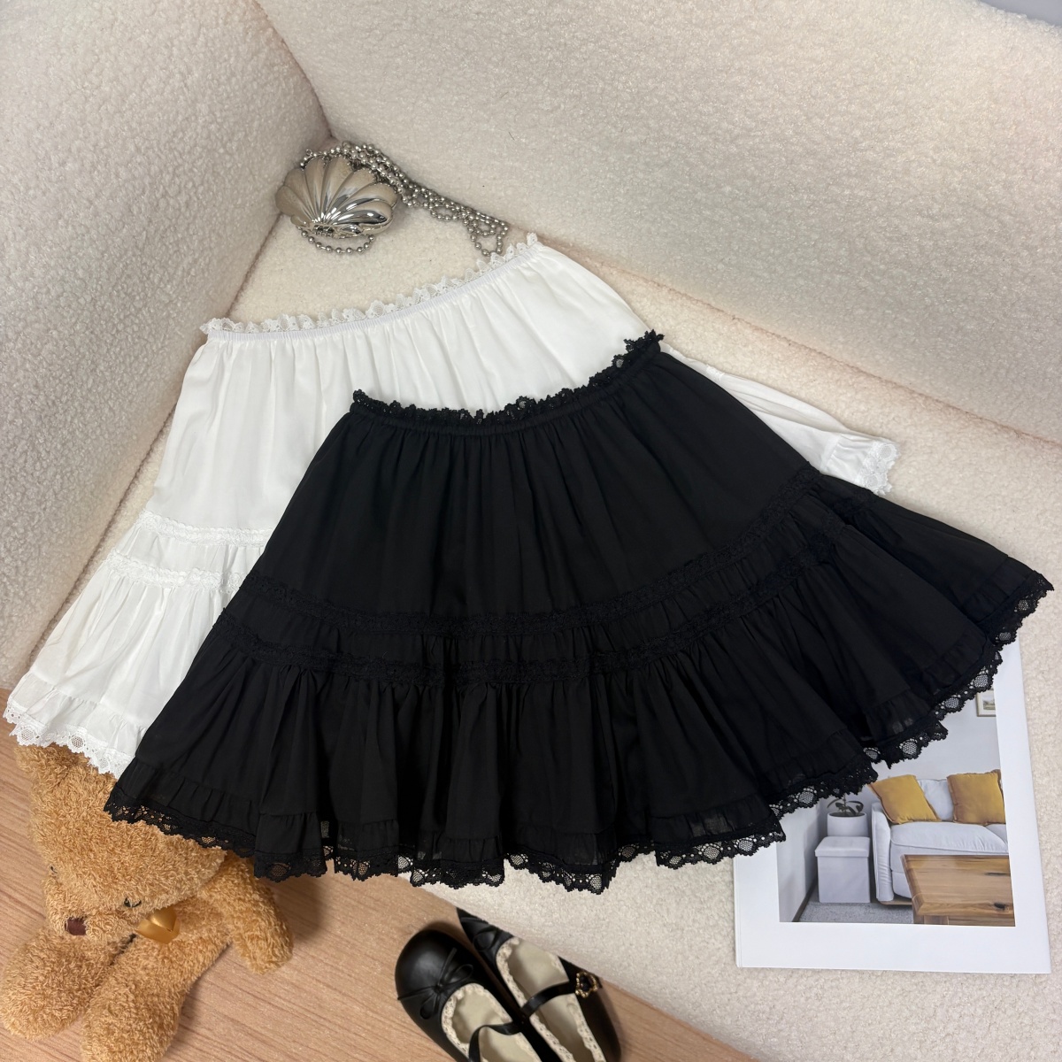 實拍 夏季新款韓系少女百搭減齡短裙蕾絲花邊腰半身裙超大擺傘裙