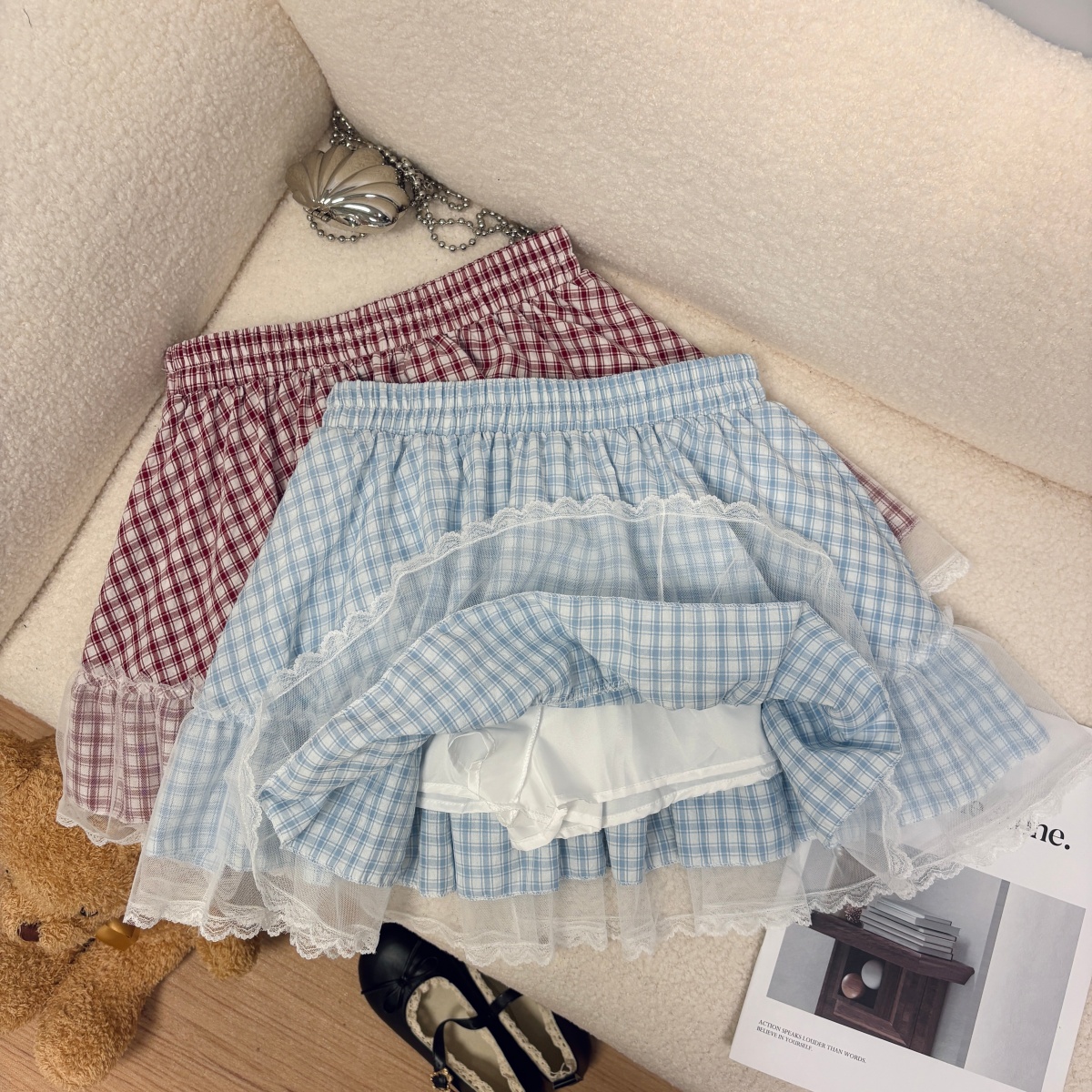 實拍夏季新款韓系少女網紗拼接格子半身裙甜美減齡芭蕾風蓬蓬短裙