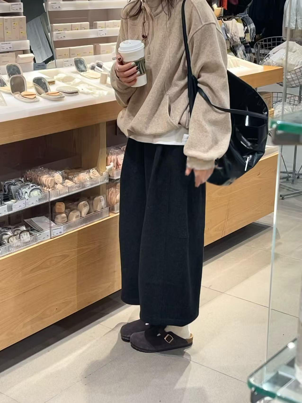 高級韓版氣質毛呢八分褲女秋冬厚款設計感百搭休閑松緊闊腿直筒褲