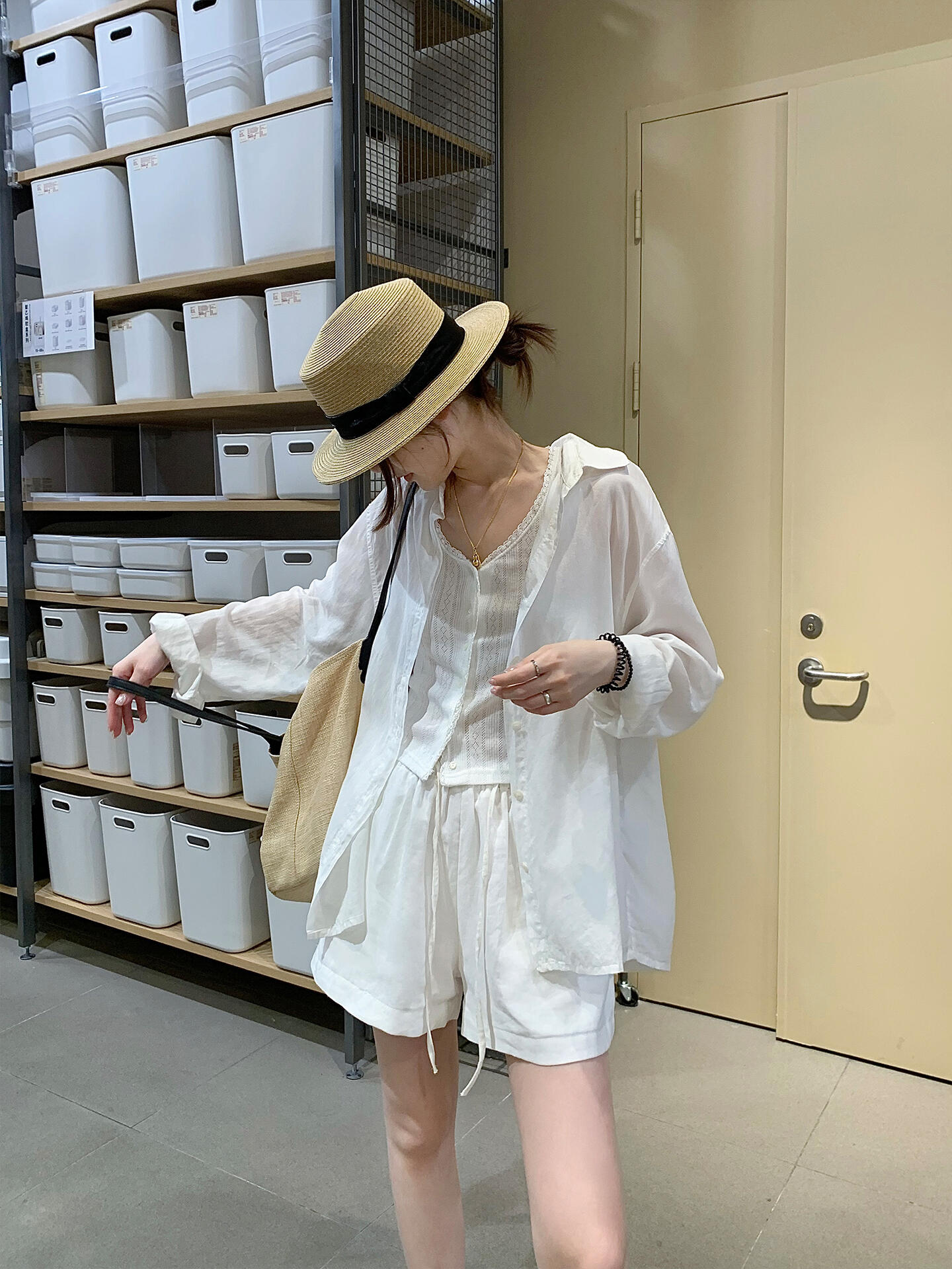 棉闊腿短褲女夏季薄款松緊腰抽繩小個子a字五分褲