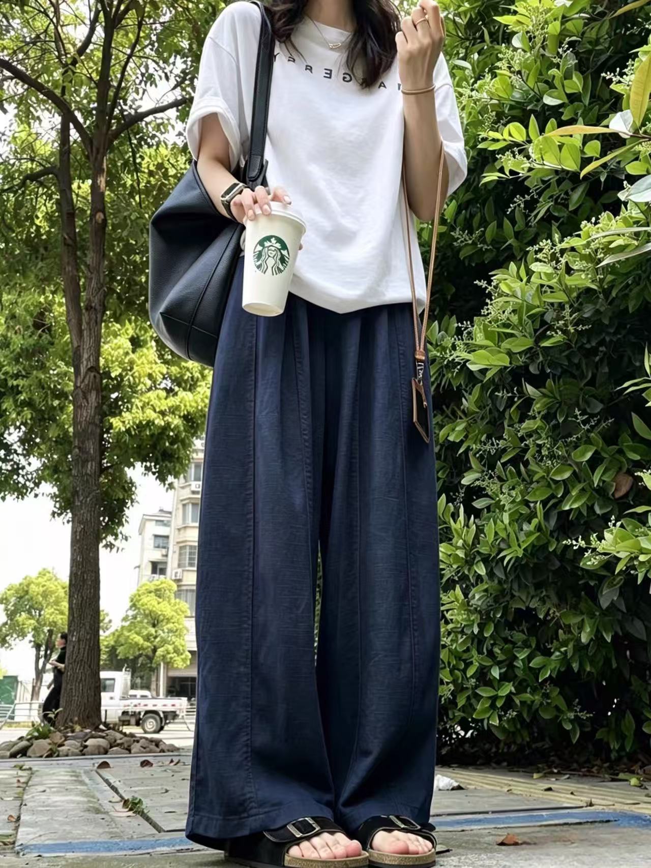 白色氣球闊腿褲女夏薄款高腰寬松慵懶休閑褲小個子休閑棉麻彎刀褲