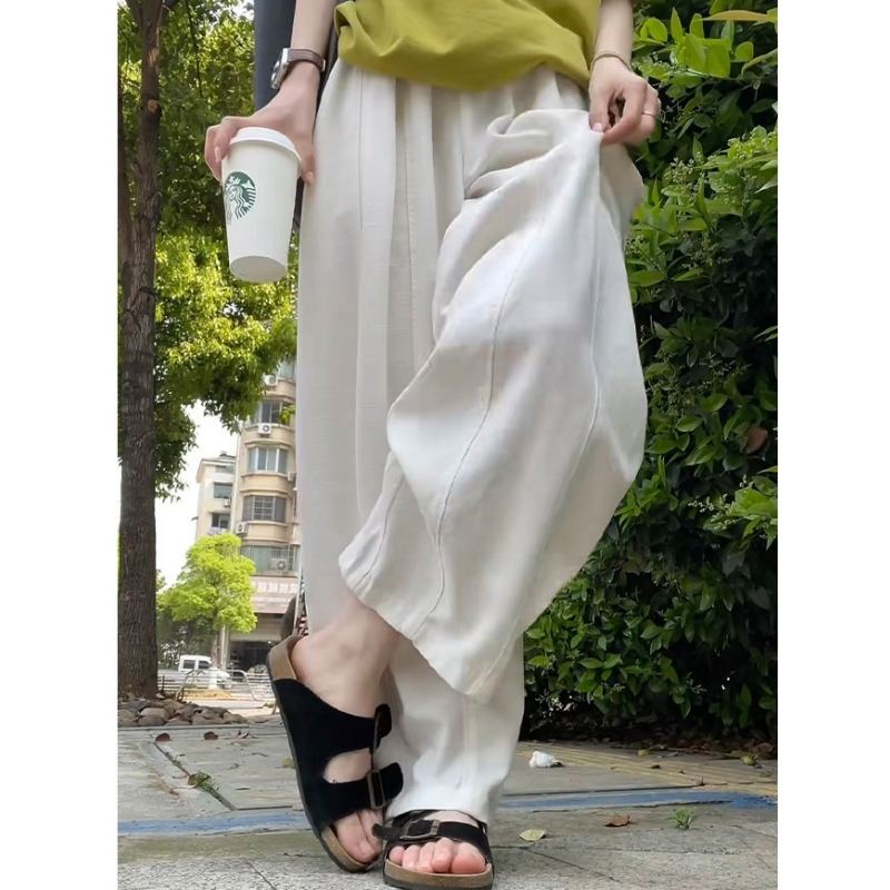 白色氣球闊腿褲女夏薄款高腰寬松慵懶休閑褲小個子休閑棉麻彎刀褲
