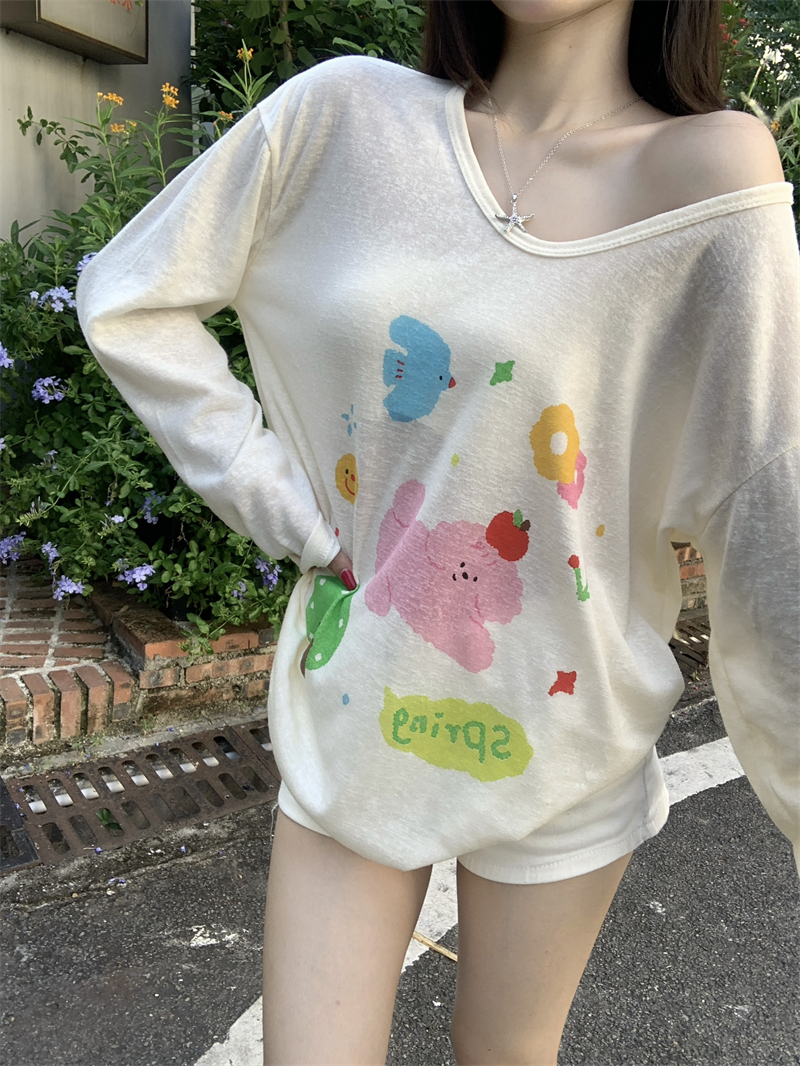 MY11591# 夏季新款可爱印花长袖T恤宽松慵懒风女防晒上衣女裝貨源服裝批發