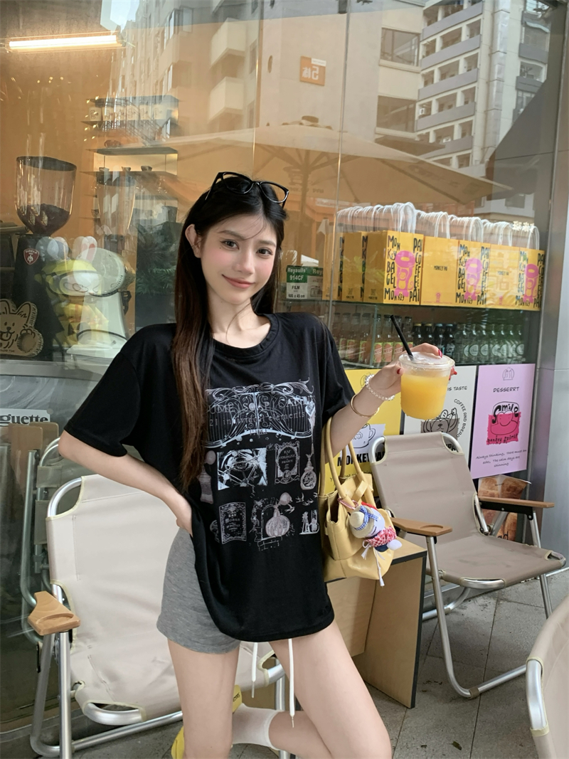 MY11598# 夏短袖t恤女圆领高级感印花半袖宽松夏季上衣女裝貨源服裝批發