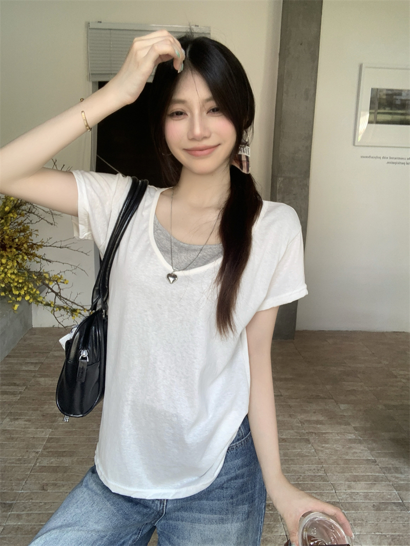 MY11597# 夏季V领拼接撞色假两件宽松短袖T恤女休闲慵懒上衣女裝貨源服裝批發