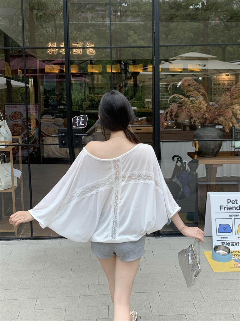 MY11595# 斜肩上衣女薄款宽松设计感镂空防晒罩衫蝙蝠袖t恤女裝貨源服裝批發