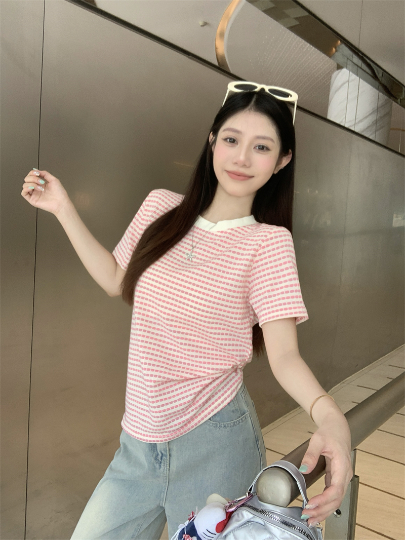 MY11594# 夏季新款独特撞色条纹短袖T恤女女裝貨源服裝批發