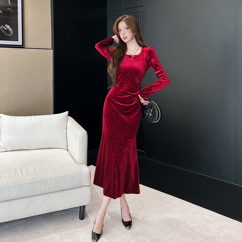 MY15012# 长袖新款金丝绒长裙包臀连衣裙女裝貨源服裝批發