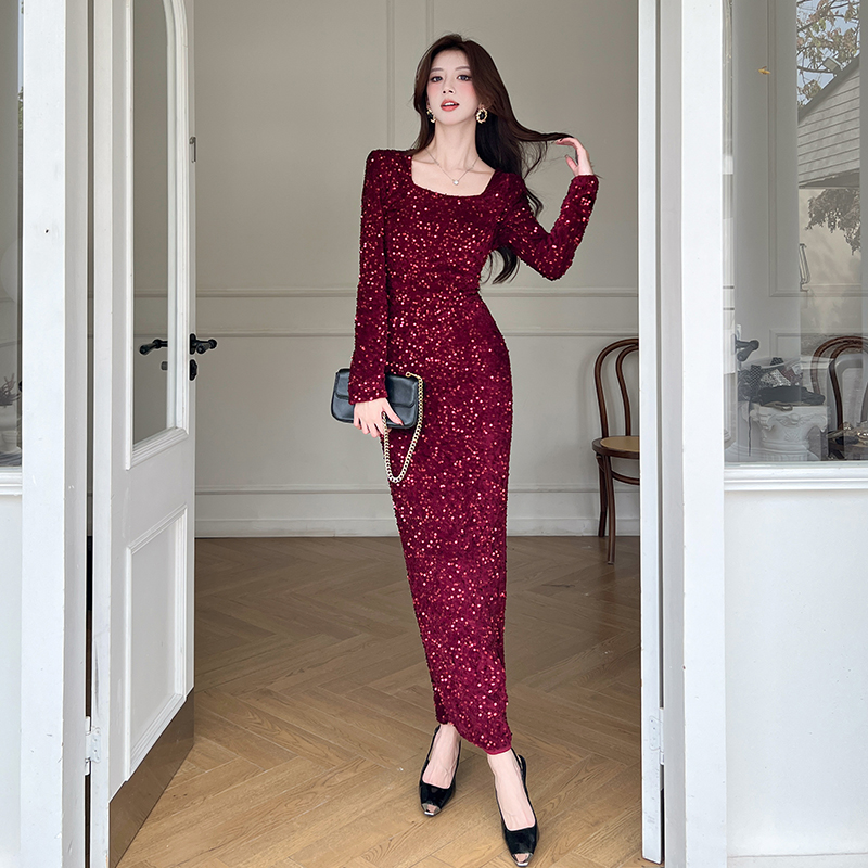 MY17564# 时尚网红亮片长裙包臀连衣裙女裝貨源服裝批發