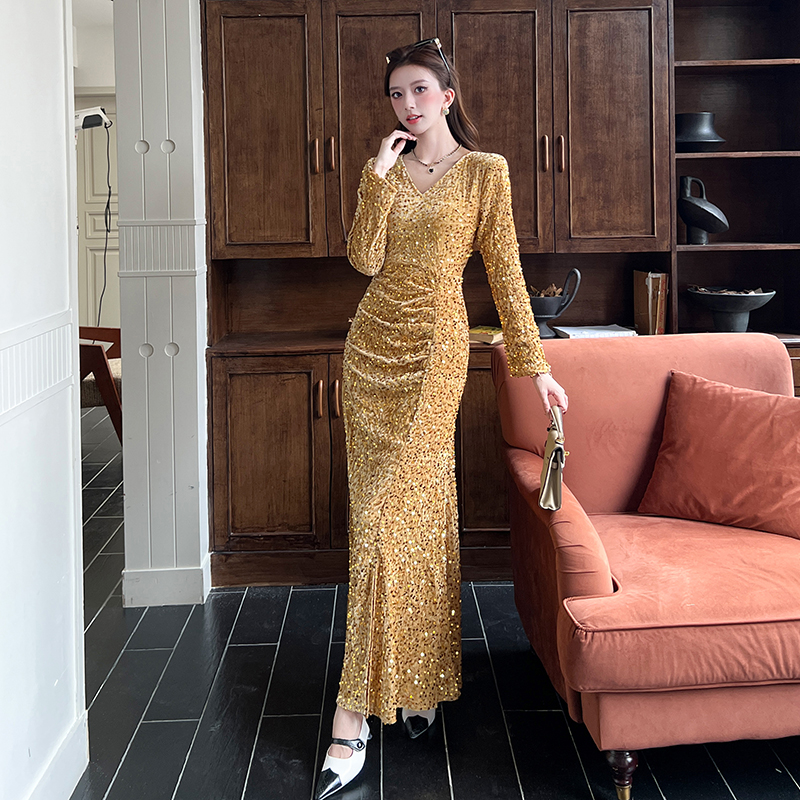 MY15017# 时尚气质亮片v领长裙包臀连衣裙女裝貨源服裝批發