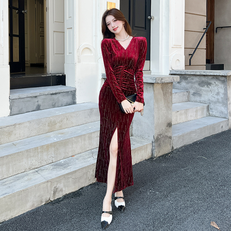 MY15203# 时尚v领开叉长裙包臀连衣裙女裝貨源服裝批發