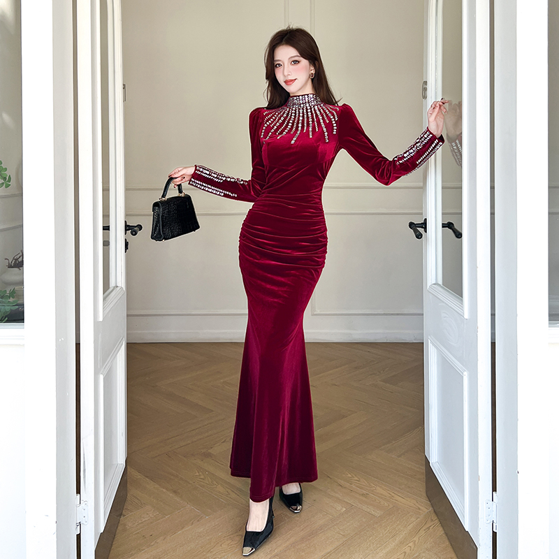 MY15202# 时尚网红金丝绒烫钻长裙包臀连衣裙女裝貨源服裝批發