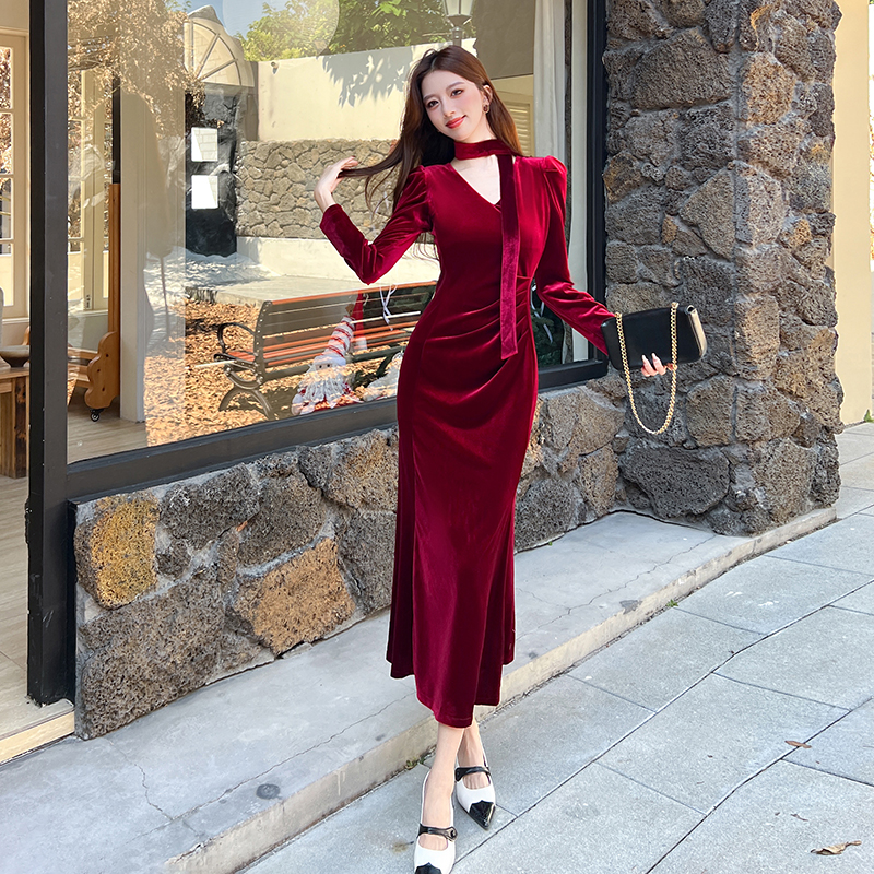MY15200# 时尚气质金丝绒v领长裙包臀连衣裙女裝貨源服裝批發
