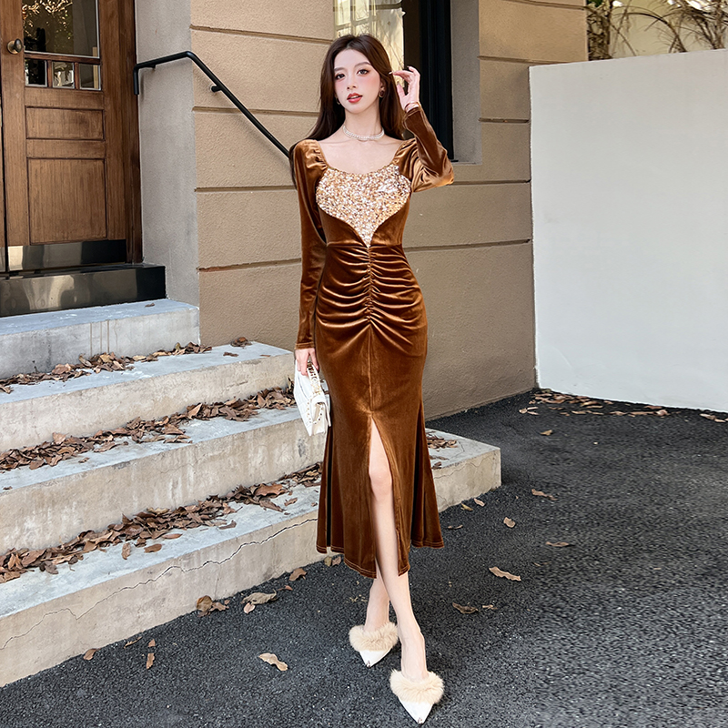 MY15365# 时尚金丝绒拼接长裙包臀连衣裙女裝貨源服裝批發