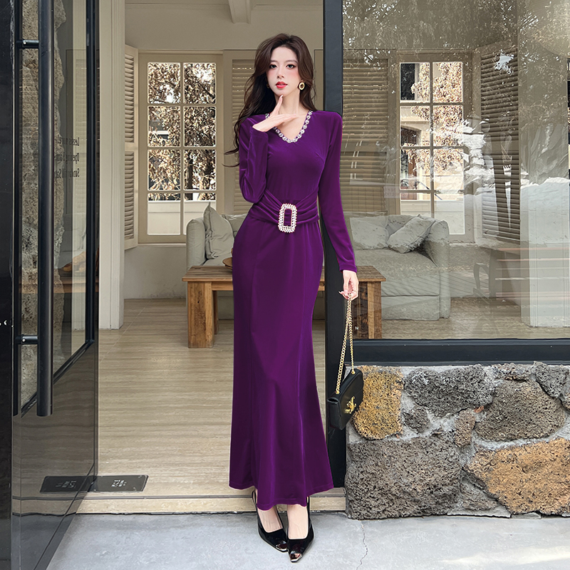 MY16231# 新款时尚金丝绒v领长裙包臀连衣裙女裝貨源服裝批發