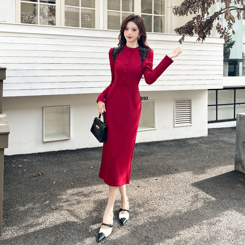 MY17554# 时尚气质单排扣长裙包臀连衣裙女裝貨源服裝批發