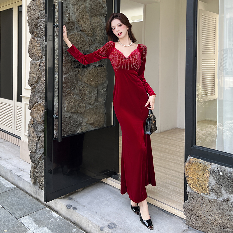 MY16221# 时尚气质金丝绒长裙开叉连衣裙女裝貨源服裝批發