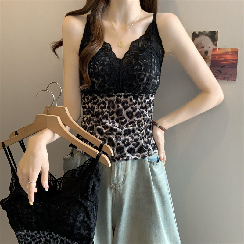 MY12944# 胖MM法式丝绒豹纹蕾丝拼接胸垫一体美背内搭外穿搭外套女裝...
