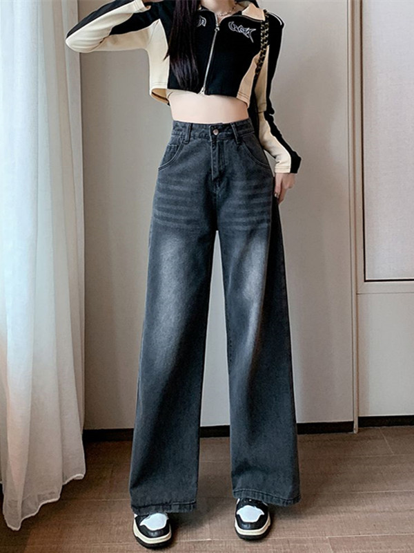 MY14781# 美式复古阔腿牛仔裤女秋季新款高腰宽松拖地裤长裤子ins女...