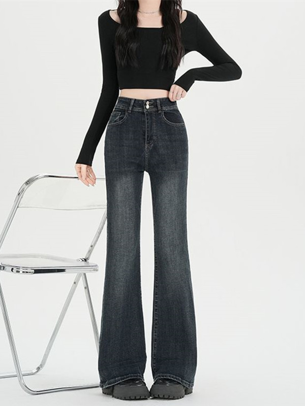 MY16571# 美式复古双扣微喇叭牛仔裤女春季新款高腰显瘦马蹄裤子女裝貨...