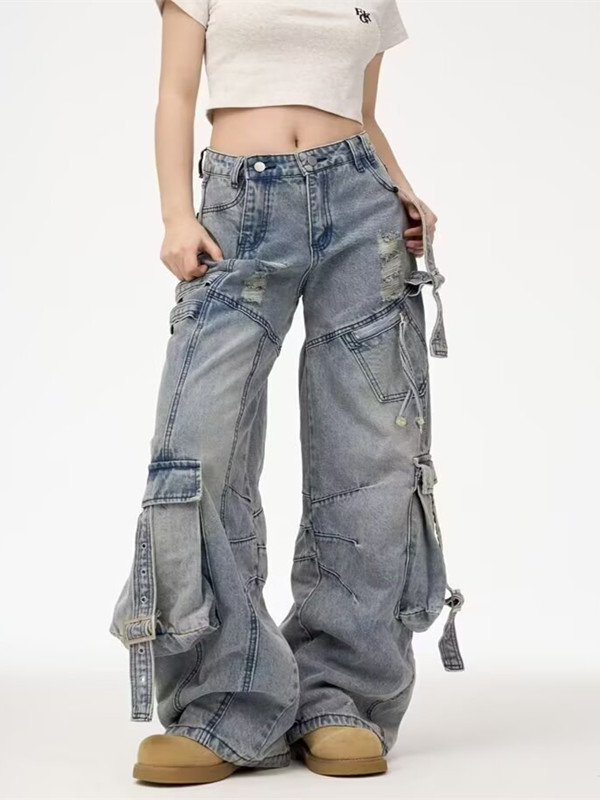 潮牌港风先潮牛仔裤男女美式复古垂感宽松百搭阔腿工装休闲长裤