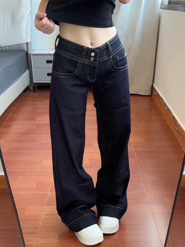 美式双腰扣不贴腿微喇牛仔裤女2026新款小众显瘦百搭低腰直筒裤子