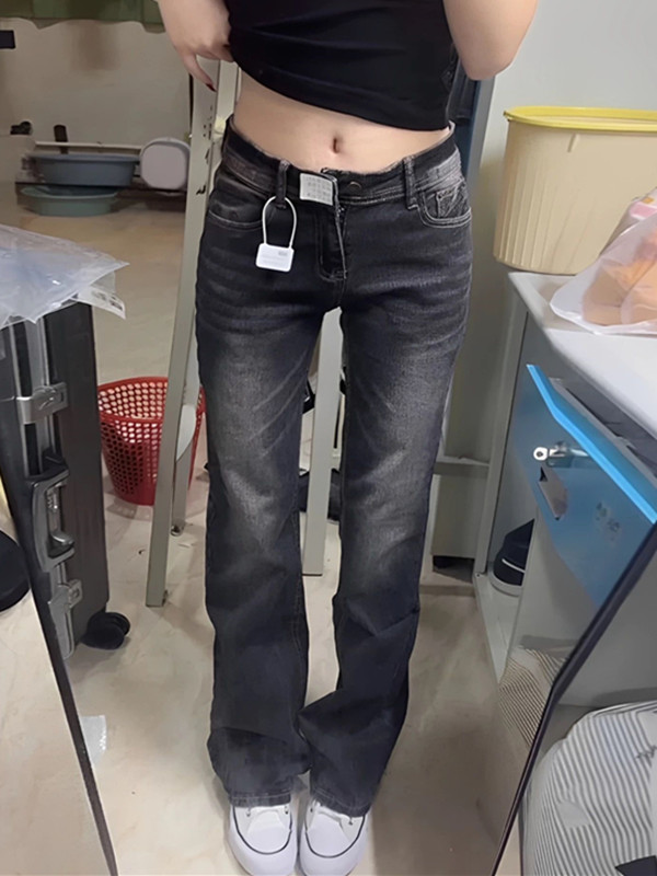 美式辣妹低腰微喇牛仔裤女新款百搭窄版修身显瘦弹力喇叭裤