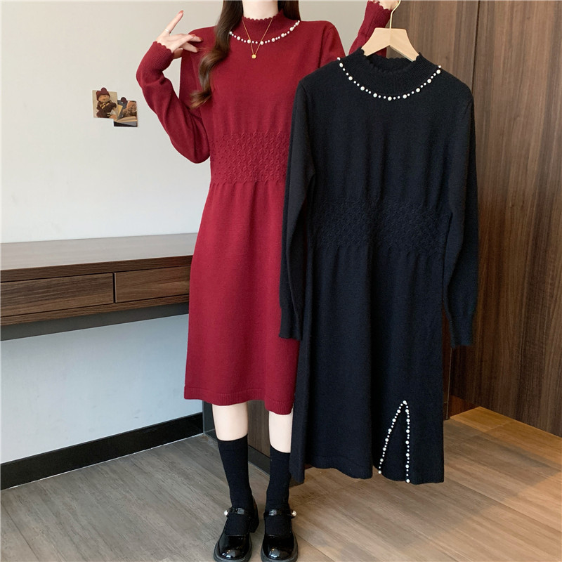 MY15038# 新款大码女装胖mm中长款针织钉珠A字打底开叉连衣裙女裝貨源服裝批發