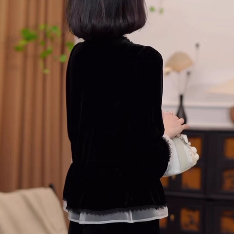 2025秋冬新款時尚金絲絨小香風拼色上衣氣質洋氣收腰打底衫上衣女