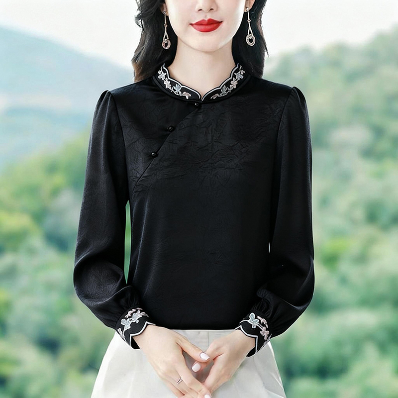 實拍2026春季新款時尚斷面提花重工刺繡新中式上衣氣質雪紡衫長袖