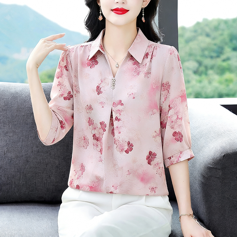 RY2182# 实拍2026夏季新款时尚烫金印花祥云皱上衣气质百搭显瘦短袖...