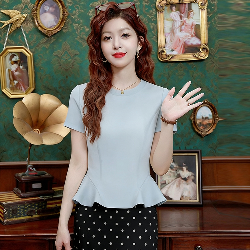 RY3320# 实拍2026夏季新款时尚韩系设计感下摆荷叶边柔软圆领显瘦短...