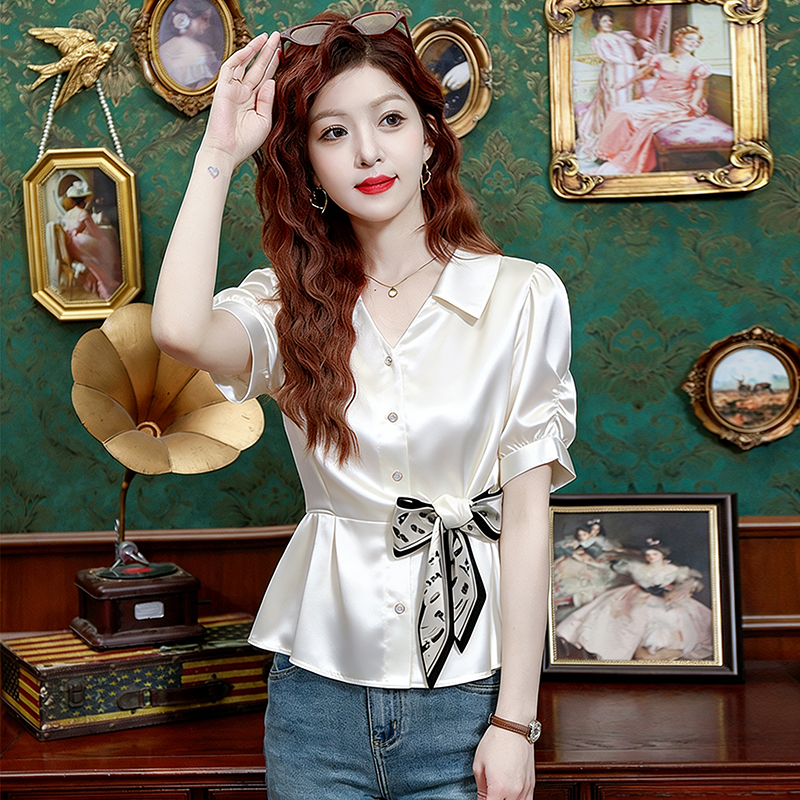 RY3319# 实拍2026夏季新款时尚设计感蝴蝶结系带缎面衬衫韩系百搭小...