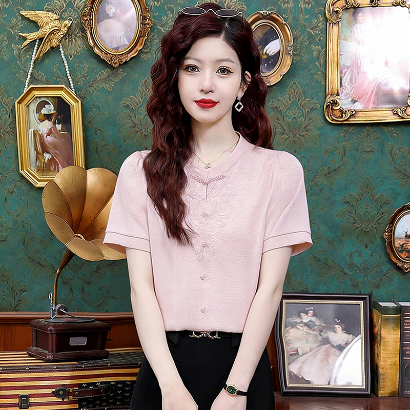 RY3317# 实拍2026夏季新款时尚新中式设计感珍珠盘扣衬衫气质缎面短...