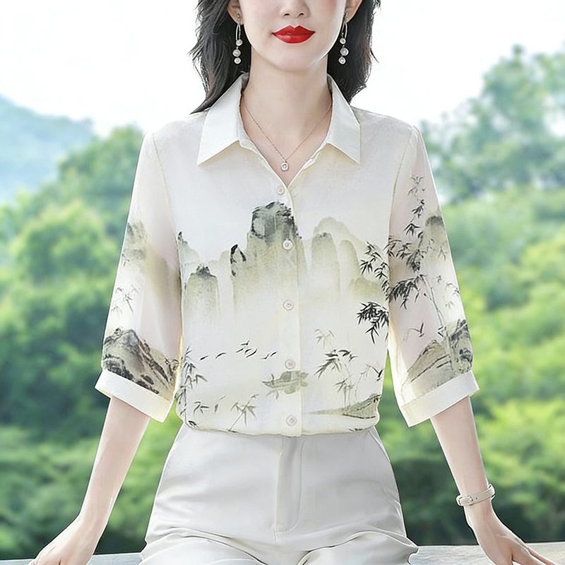 RY3315# 实拍2026夏季新款时尚韩系印花衬衫气质中袖宽松雪纺衫上衣...