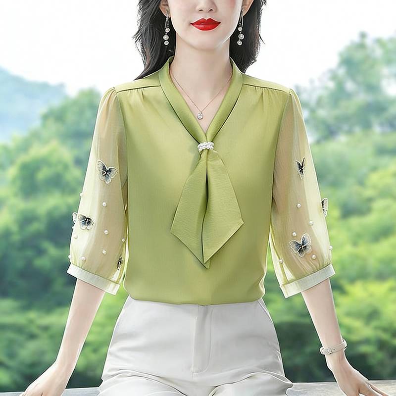 RY3314# 实拍2026夏季新款时尚韩系重工钉珠蝴蝶衬衫气质中袖雪纺衫...