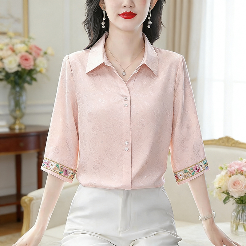 RY3313# 实拍2026夏季新款时尚设计感衬衫简约刺绣缎面提花雪纺衫上...