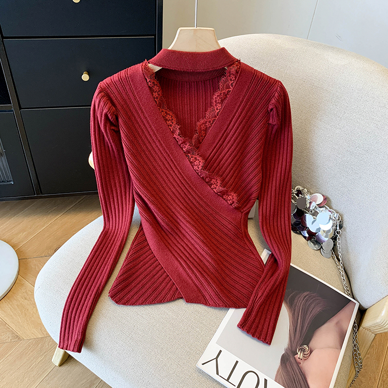 MY15097# 新款蕾丝拼接针织上衣女内搭不规则交叉收腰打底衫女女裝貨源服裝批發