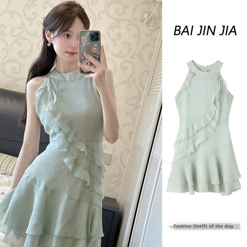 MY11499# 夏日多巴胺海边度假沙滩裙网红爆款法式桔梗荷叶边挂脖连衣裙子女女裝貨源服裝批發