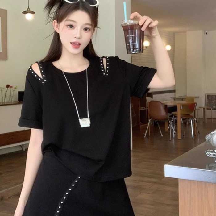 MY11493# 40支酷丝爽棉胖MM显瘦韩版休闲套装新款夏季短袖钉珠女裝貨源服裝批發