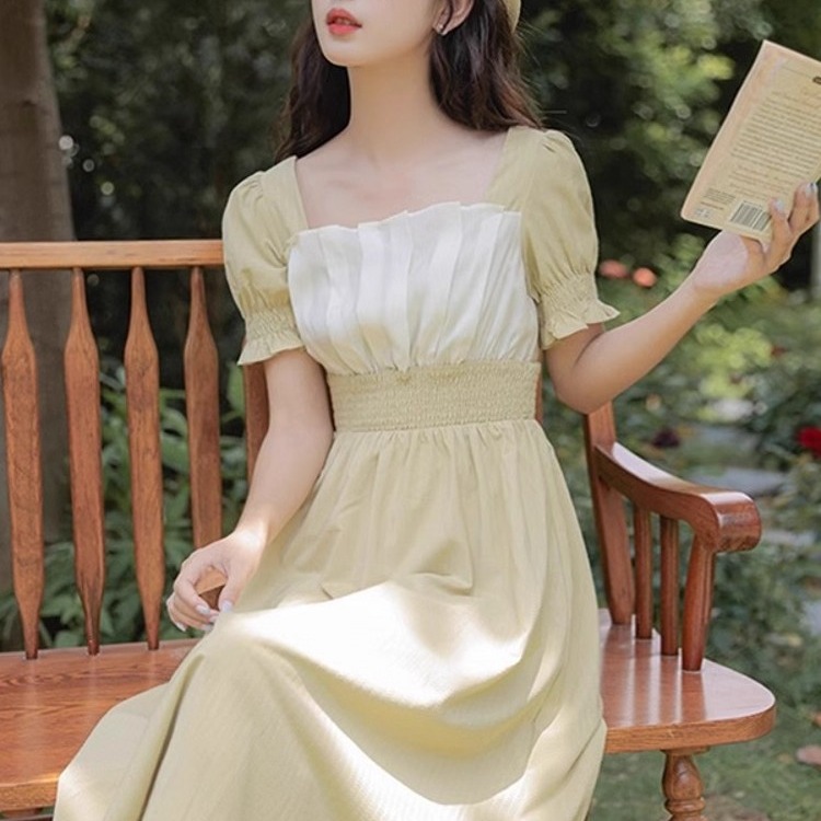 MY11461# 夏季新款法式复古气质少女设计感修身长裙拼接连衣裙女裝貨源服裝批發