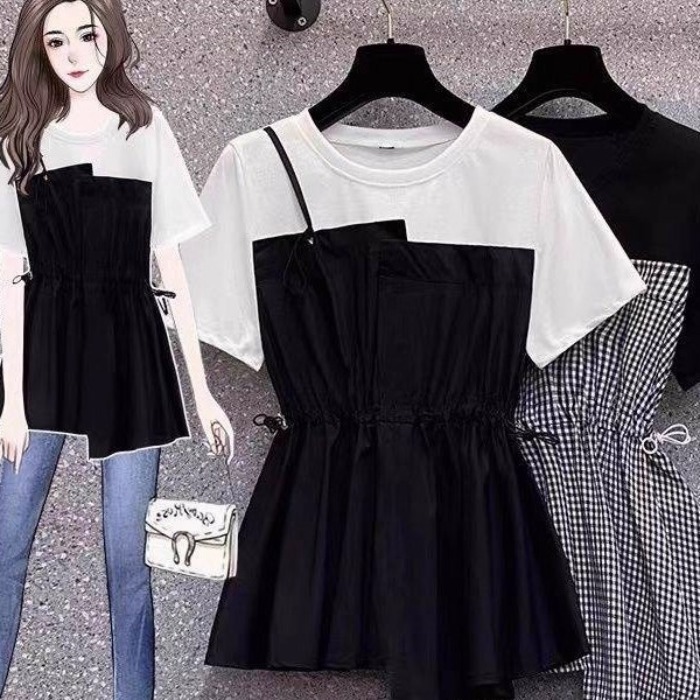 MY11466# 夏装宽松胖mm短袖宽松遮肚收腰小众别致格子拼接假两件衬衫上衣女女裝貨源服裝批發