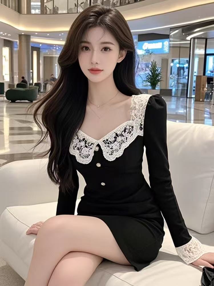 FA36591# 法式复古甜辣风气质连衣裙秋季新款蕾丝拼接修身内搭包臀短裙 服裝批發女裝批發服飾貨源